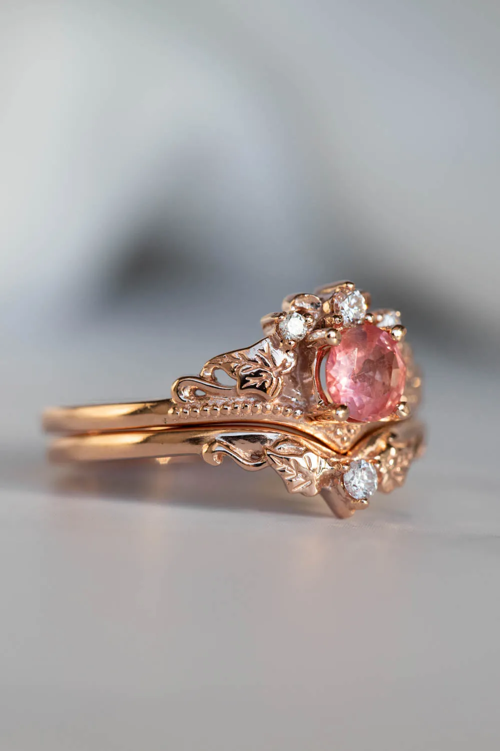 Padparadscha sapphire engagement ring, gold leaves and diamonds proposal ring / Ariadne