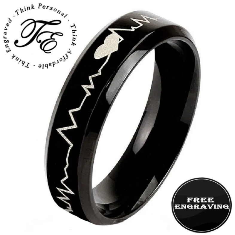 Personalized Men's Black Heartbeat Wedding Ring - Engraved Wedding Ring