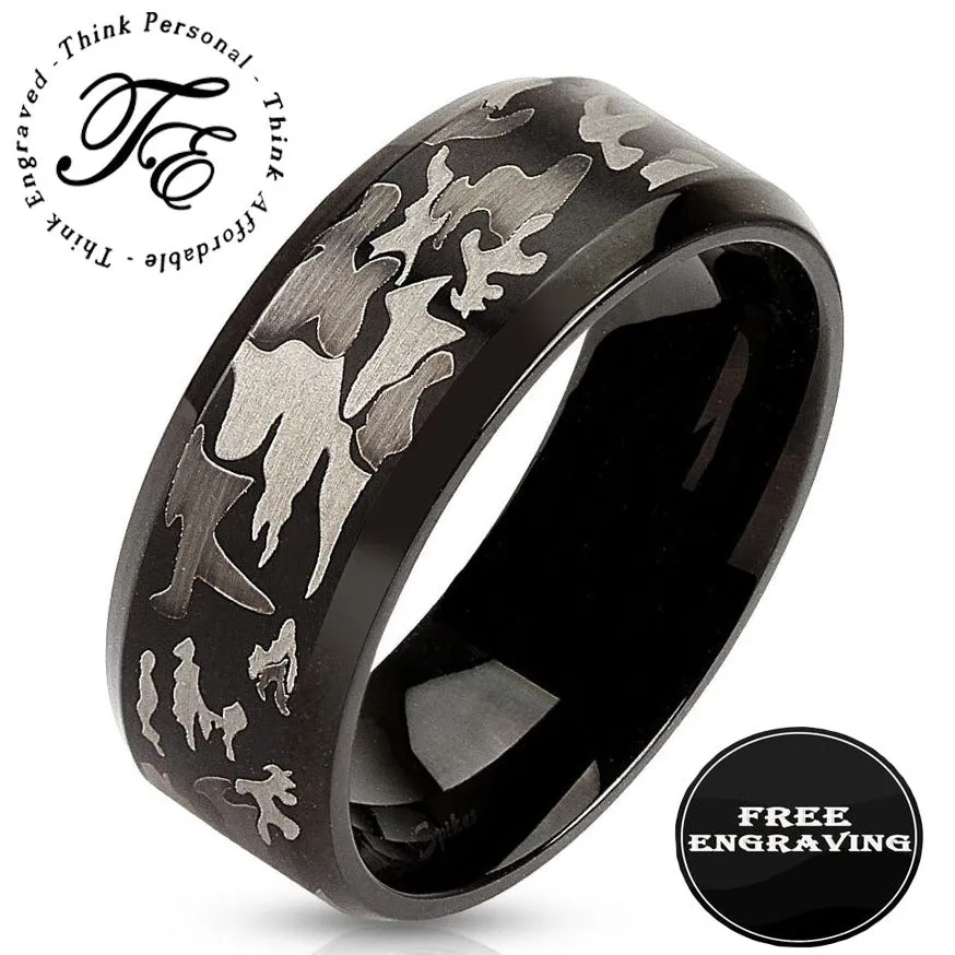 Personalized Men's Camo Wedding Ring - Engraved Handwriting Camouflage Ring