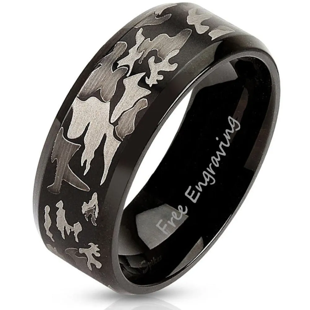 Personalized Men's Camo Wedding Ring - Engraved Handwriting Camouflage Ring