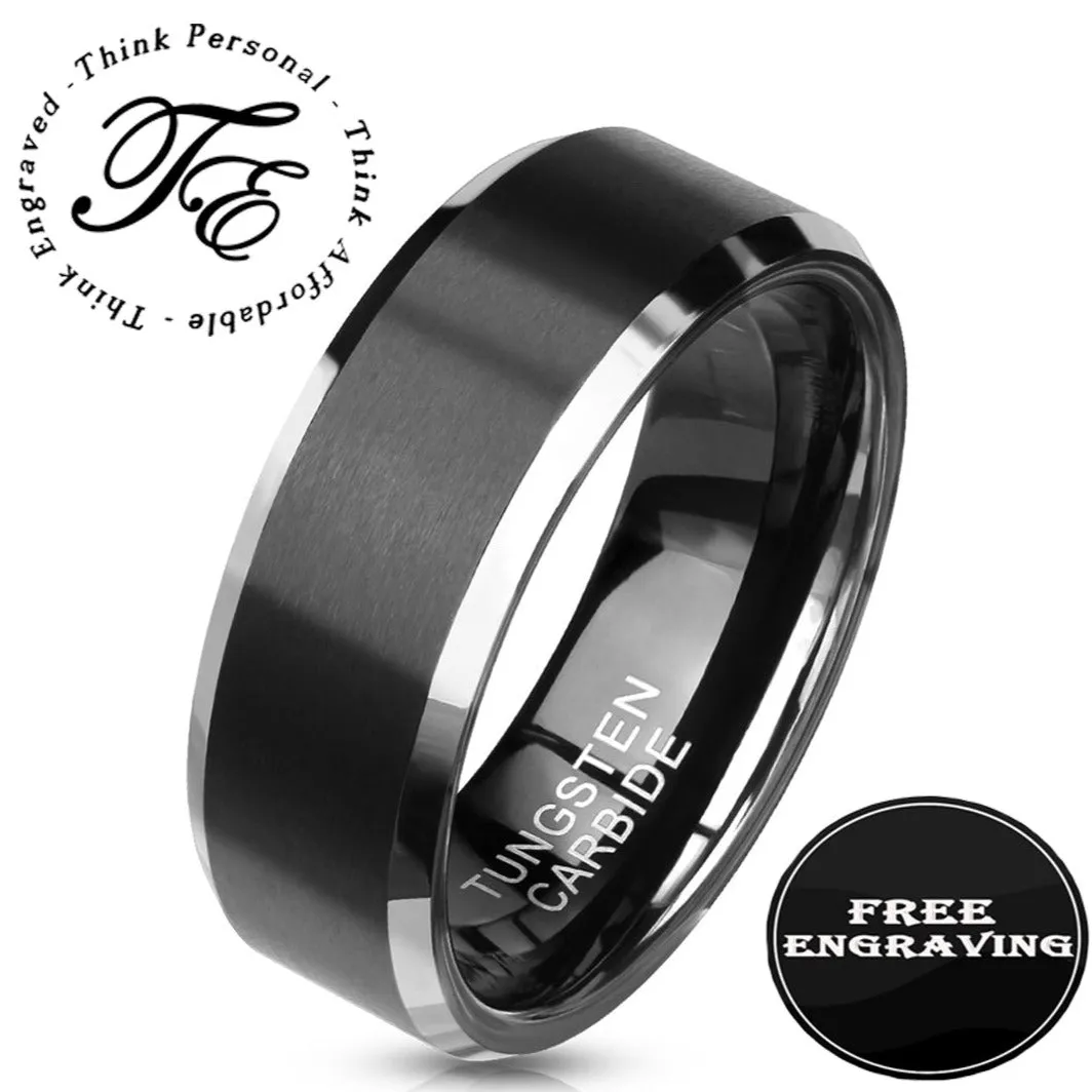 Personalized Men's Matte Black Tungsten Wedding Ring  - Engraved Wedding Ring