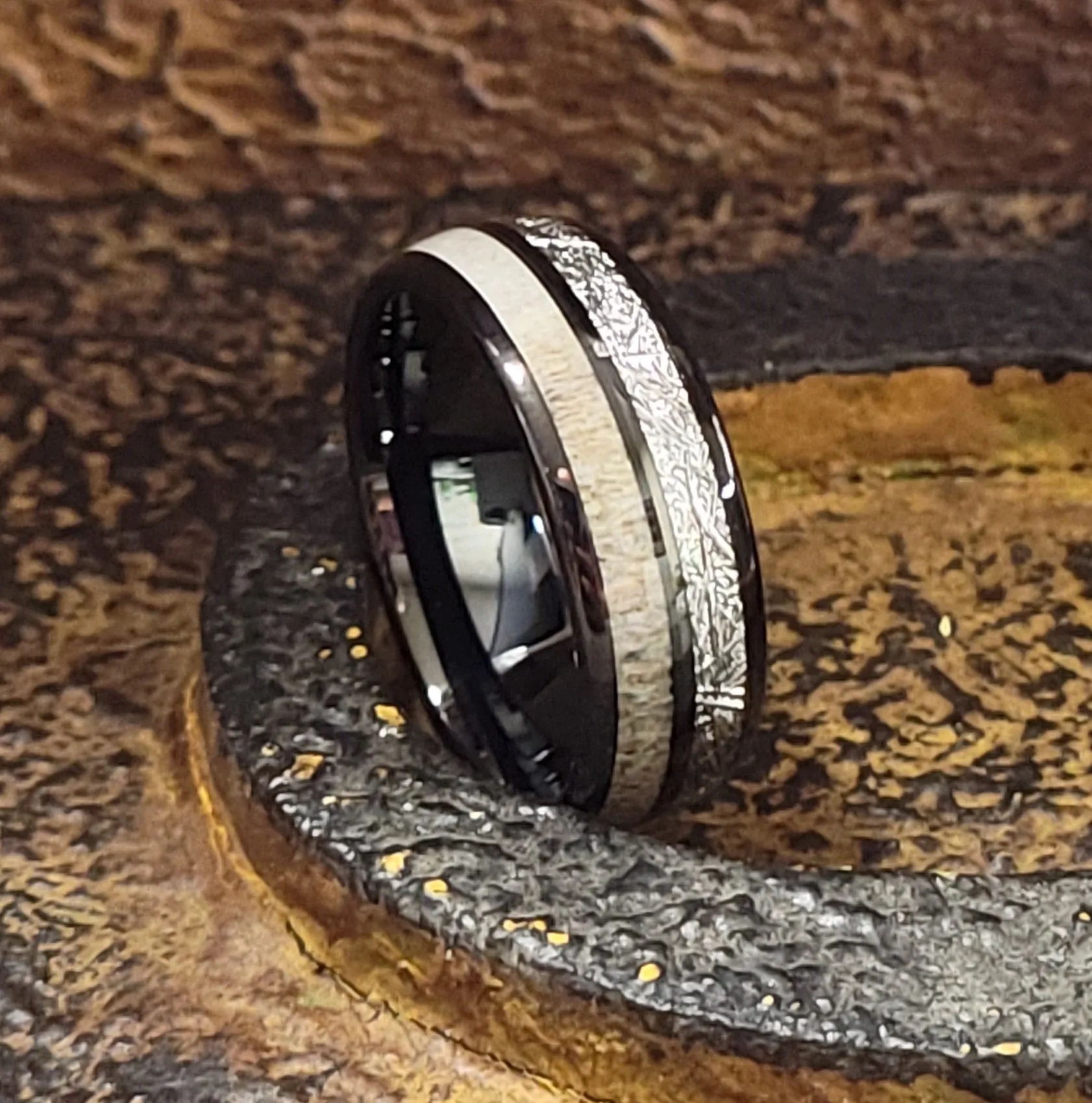 Personalized Men's Meteor and Antler Black Tungsten Wedding Ring - Handwriting Ring