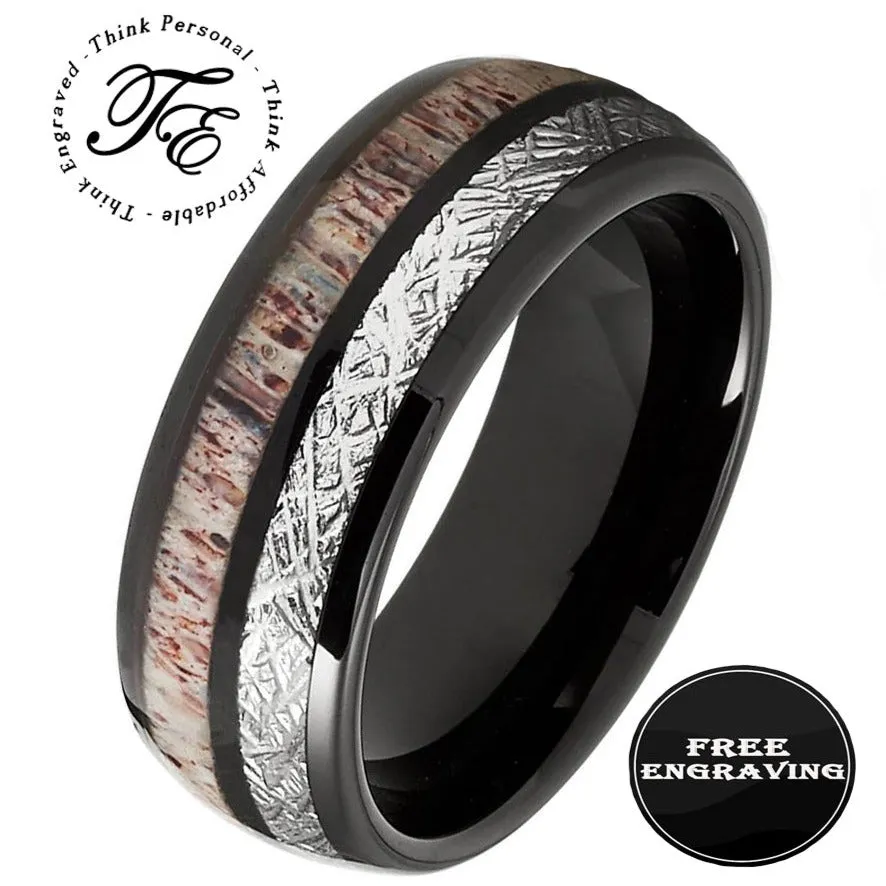 Personalized Men's Meteor and Antler Black Tungsten Wedding Ring - Handwriting Ring