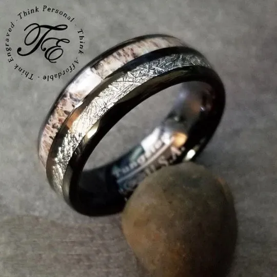 Personalized Men's Meteor and Antler Black Tungsten Wedding Ring - Handwriting Ring