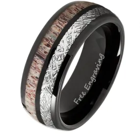 Personalized Men's Meteor and Antler Black Tungsten Wedding Ring - Handwriting Ring