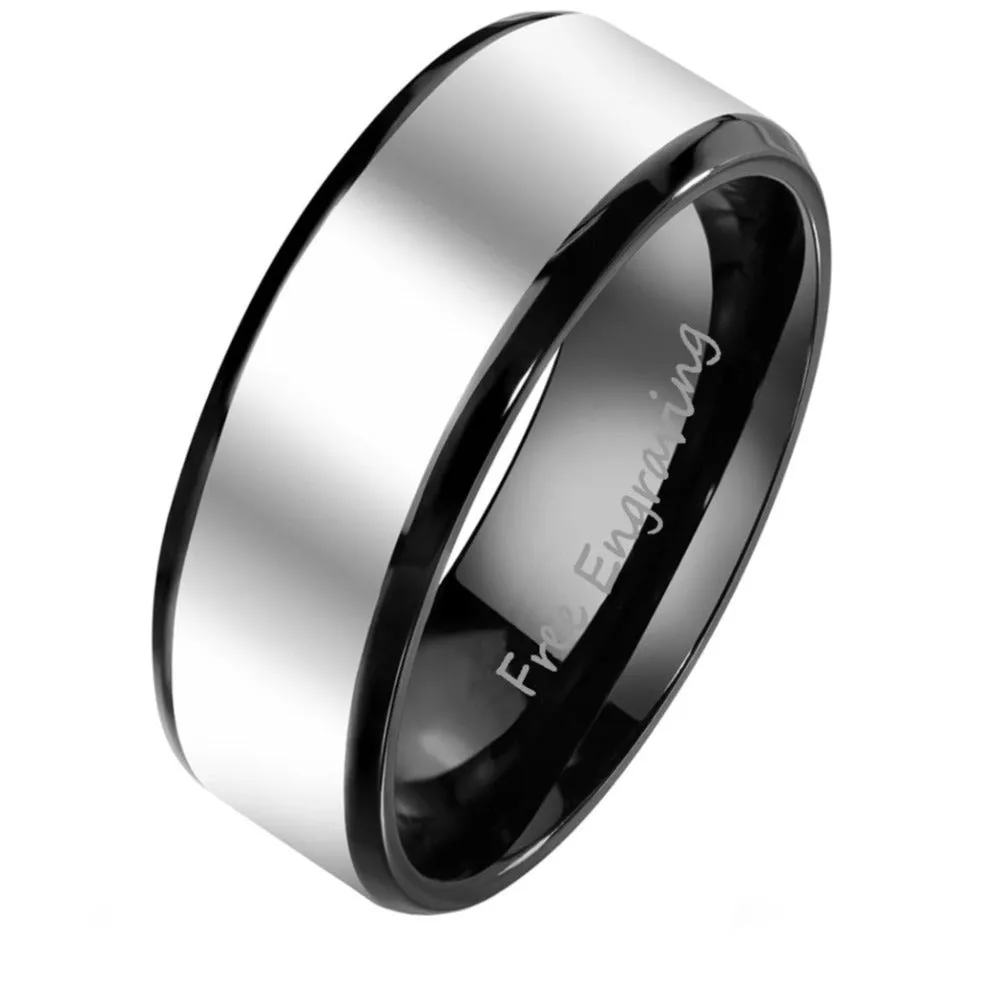 Personalized Men's Silver and Black Wedding Ring - Engraved Handwriting Wedding Ring