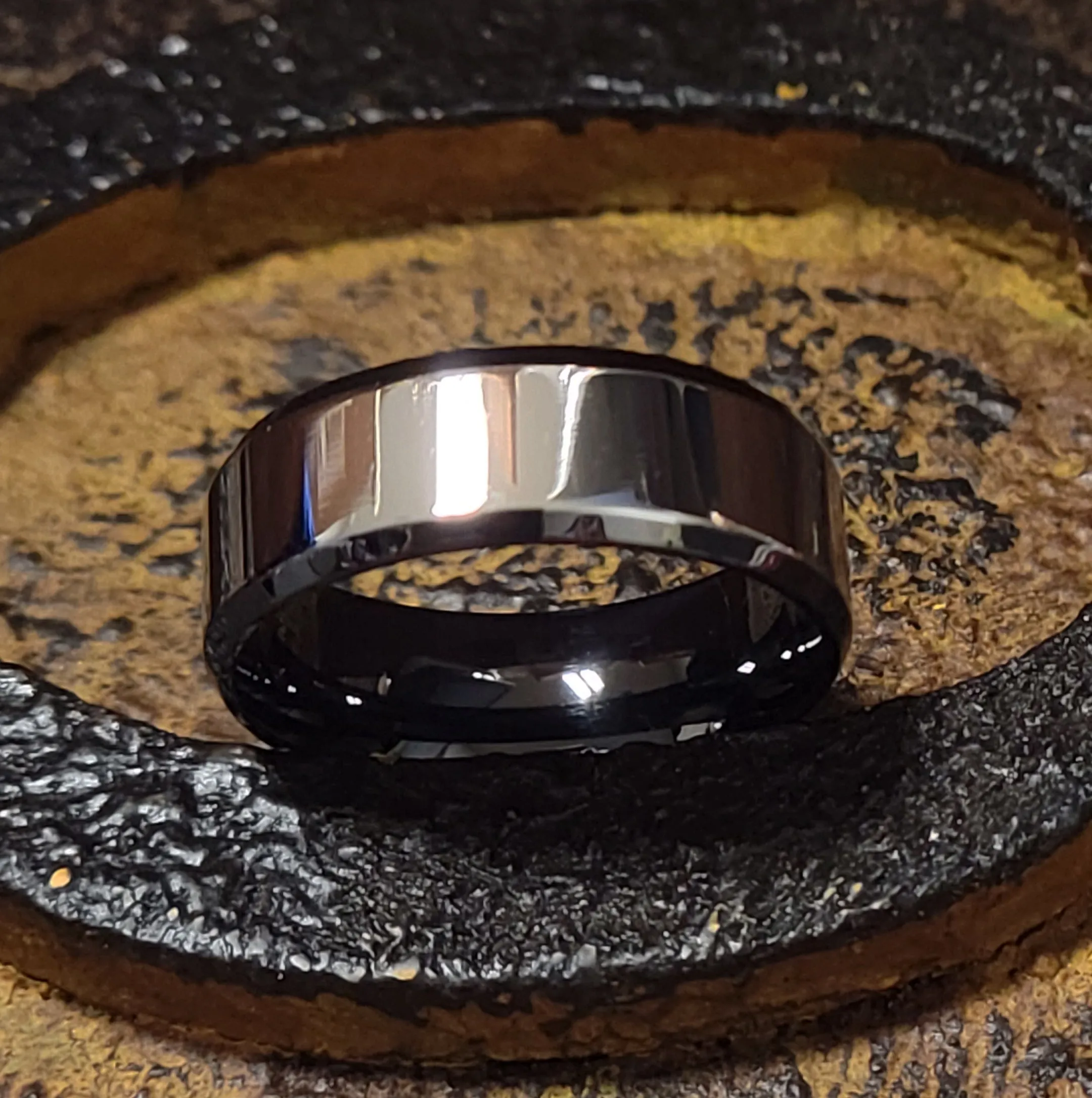 Personalized Men's Silver and Black Wedding Ring - Engraved Handwriting Wedding Ring