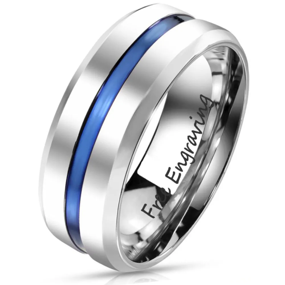 Personalized Men's Thin Blue Line Wedding Ring - Engraved Handwriting Ring For Guys