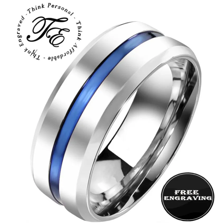 Personalized Men's Thin Blue Line Wedding Ring - Engraved Handwriting Ring For Guys