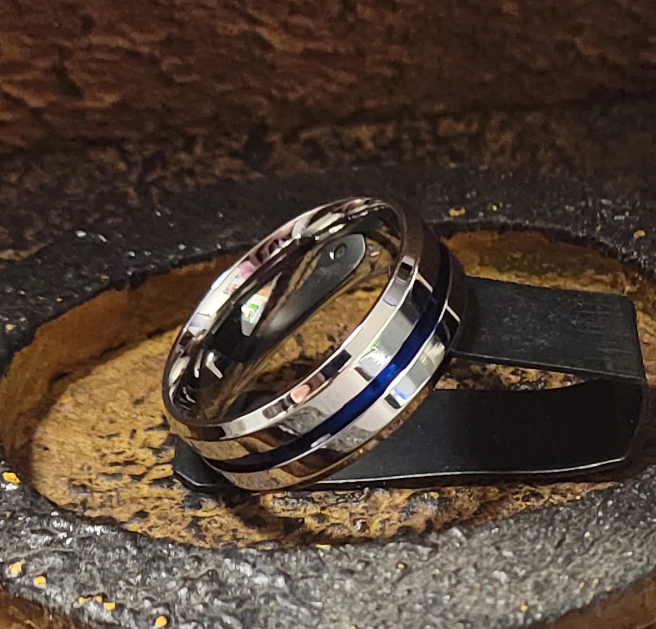 Personalized Men's Thin Blue Line Wedding Ring - Engraved Handwriting Ring For Guys