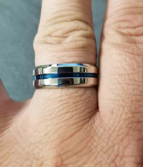 Personalized Men's Thin Blue Line Wedding Ring - Engraved Handwriting Ring For Guys