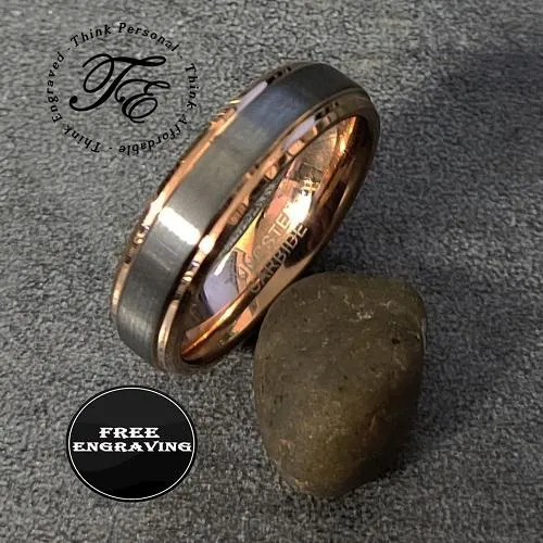 Personalized Men's Tungsten Wedding Ring - Brushed 14k Rose Gold