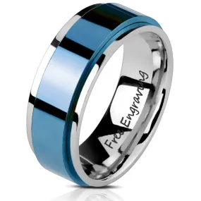 Personalized Men's Wedding Band - Silver and Blue Fidget Spinner Ring