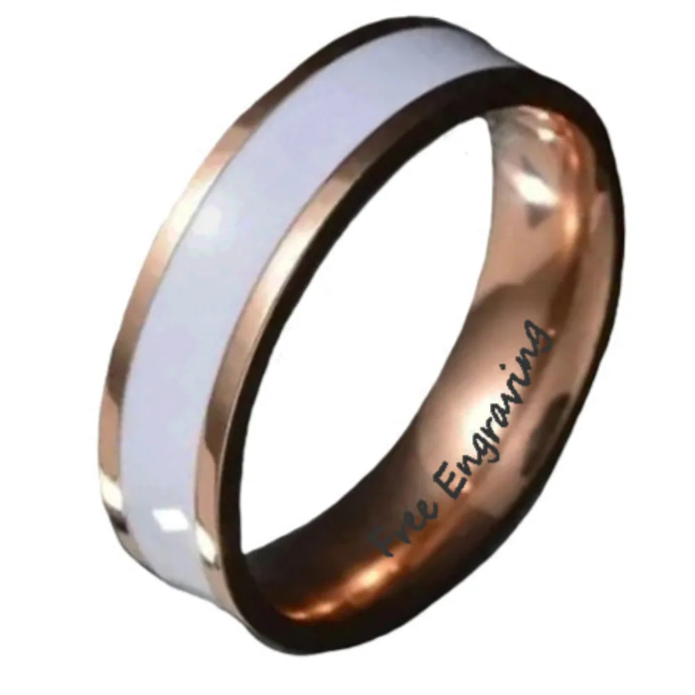 Personalized Men's Wedding Ring - White Ceramic Rose Gold