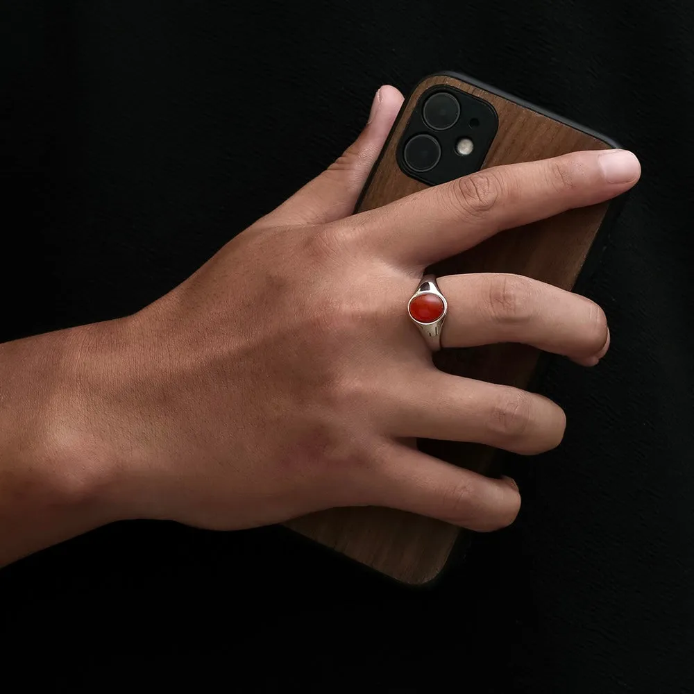 Red Agate Signet Ring - Silver