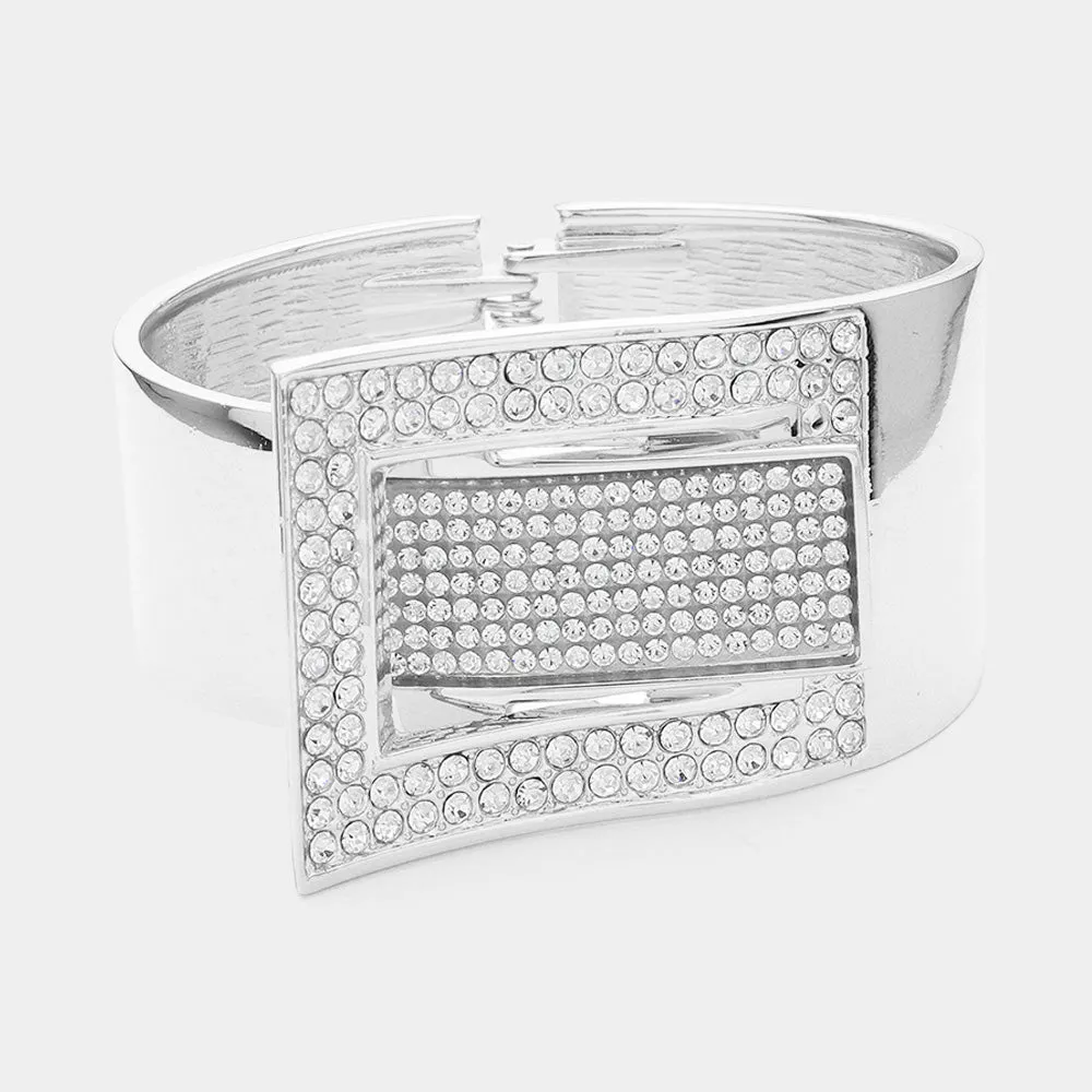 Rhodium Stone Paved Buckle Metal Hinged Bangle Bracelet