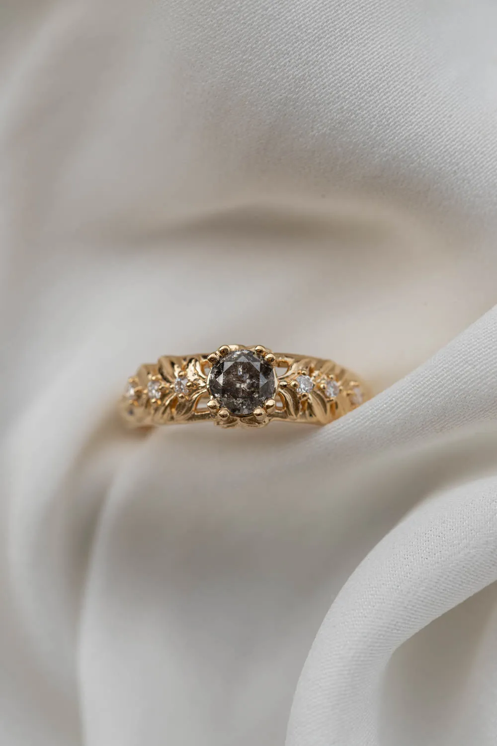 Salt and pepper diamond engagement ring, gold leaf engagement ring with diamonds / Silvestra