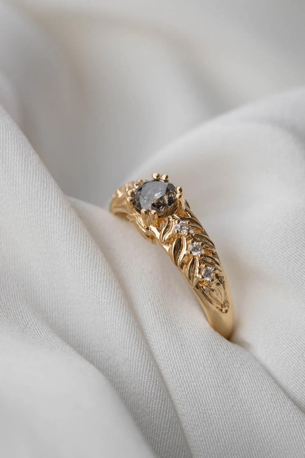 Salt and pepper diamond engagement ring, gold leaf engagement ring with diamonds / Silvestra