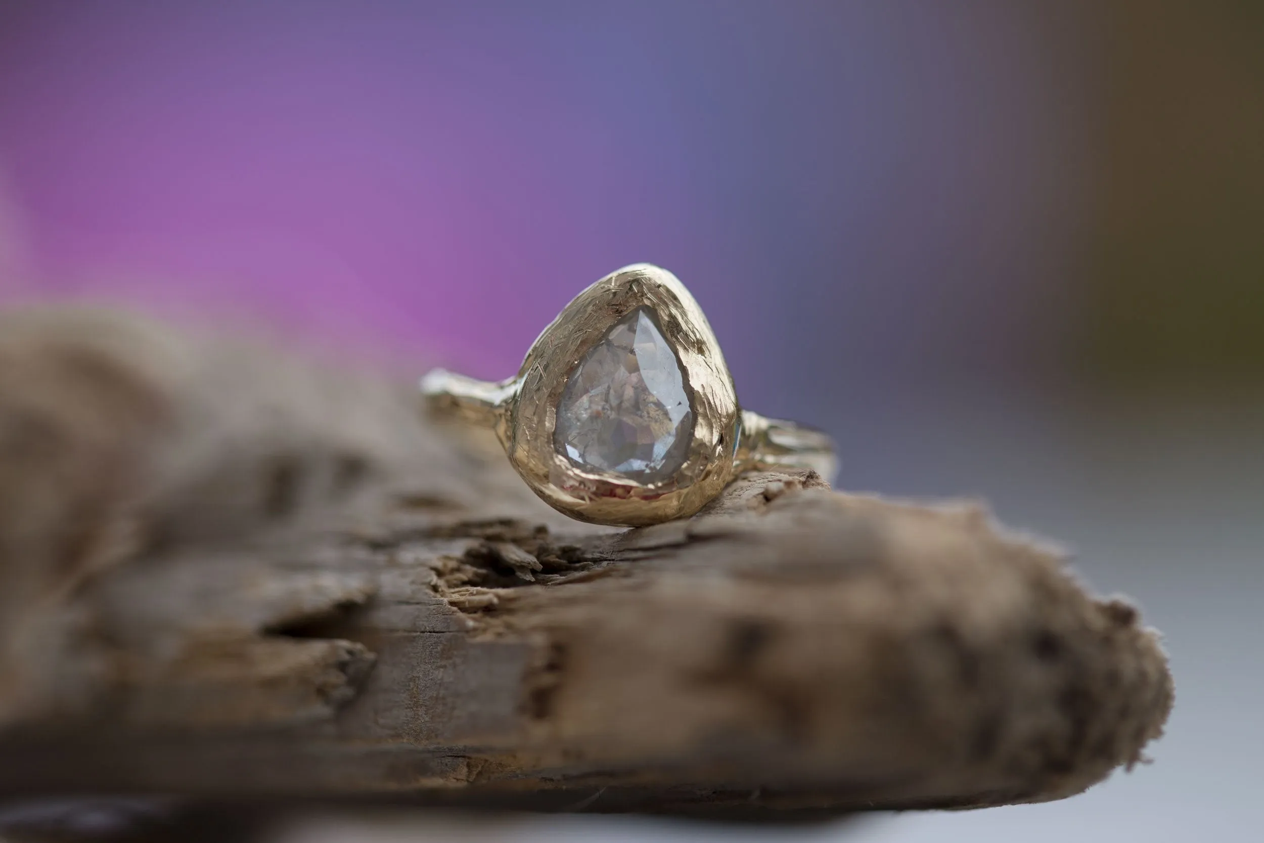 Silver Grey Rosecut Pear Diamond Engagement Ring in Reclaimed Yellow Gold - Unique Earthy Engagement Ring - Hand Carved ring by Anueva