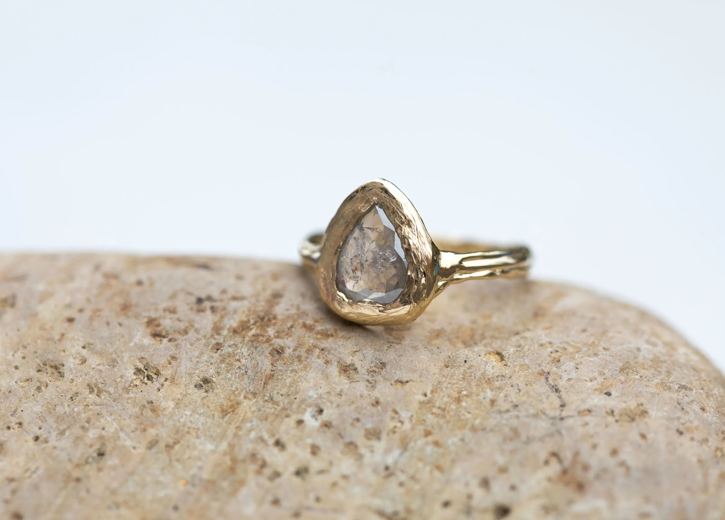 Silver Grey Rosecut Pear Diamond Engagement Ring in Reclaimed Yellow Gold - Unique Earthy Engagement Ring - Hand Carved ring by Anueva