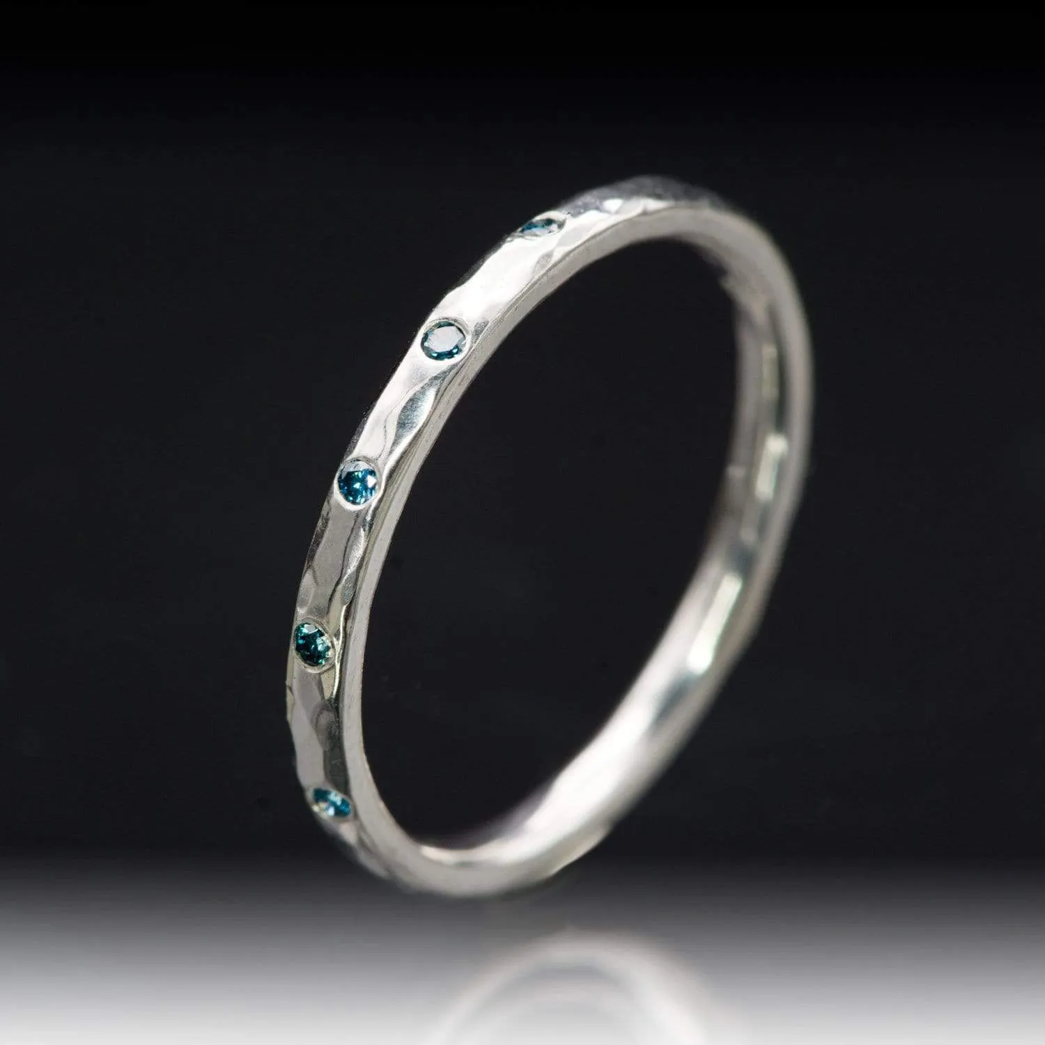 Skinny Teal Diamond Wedding Ring Thin Hammered Texture Wedding Band