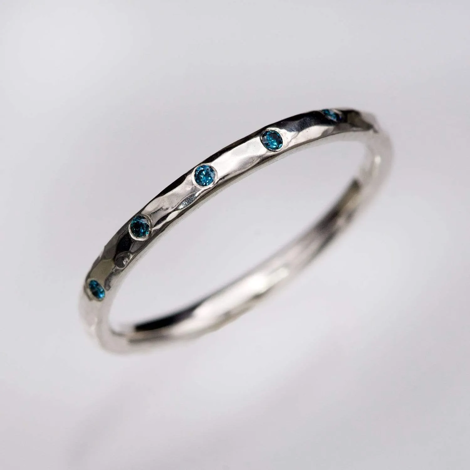 Skinny Teal Diamond Wedding Ring Thin Hammered Texture Wedding Band