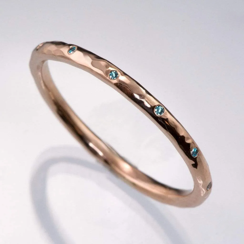 Skinny Teal Diamond Wedding Ring Thin Hammered Texture Wedding Band