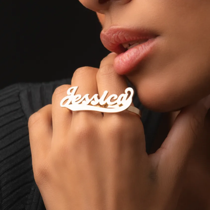 Two Finger Varsity Script Name Ring