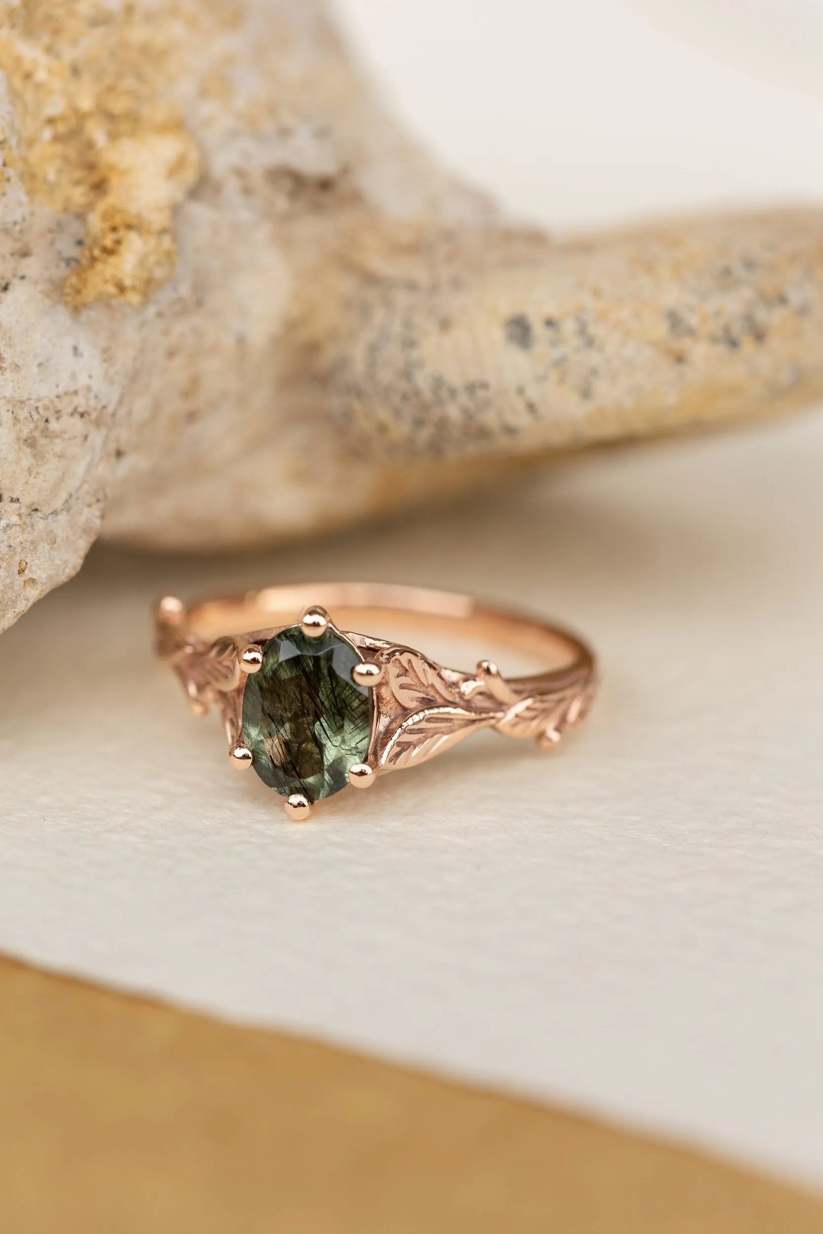 Unique gemstone engagement ring with rutile peridot / Freesia