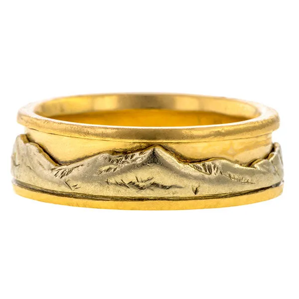 Vintage Mountain Range Wedding Band Ring, Two-toned Gold