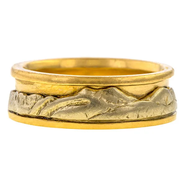 Vintage Mountain Range Wedding Band Ring, Two-toned Gold