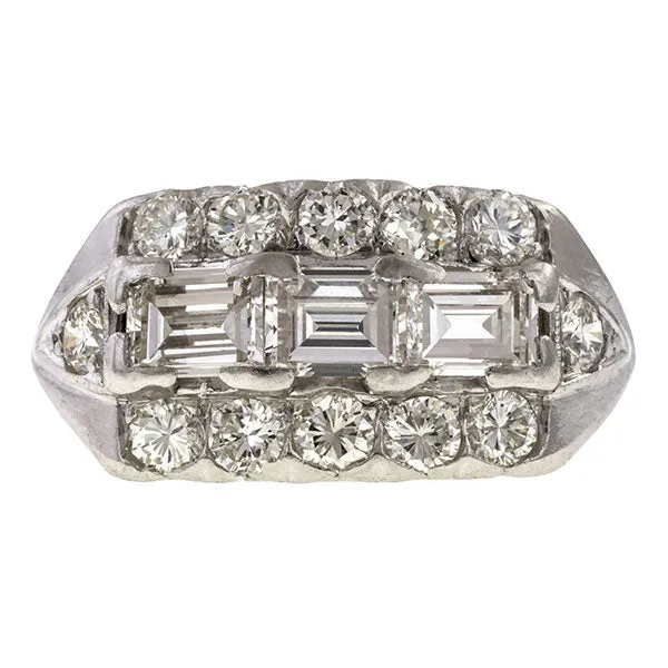 Vintage Rectangular Step Cut & Round Diamond Wedding Band Ring