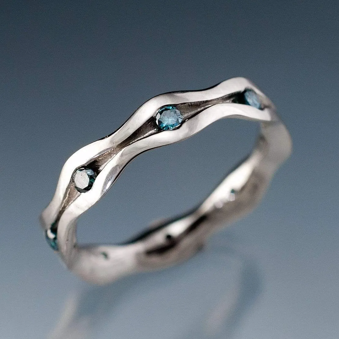 Wave Teal Blue Diamond Eternity Wedding Ring