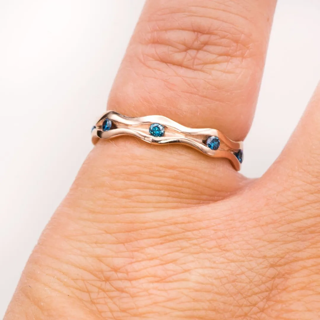 Wave Teal Blue Diamond Eternity Wedding Ring