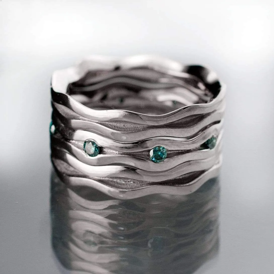 Wave Teal Blue Diamond Eternity Wedding Ring