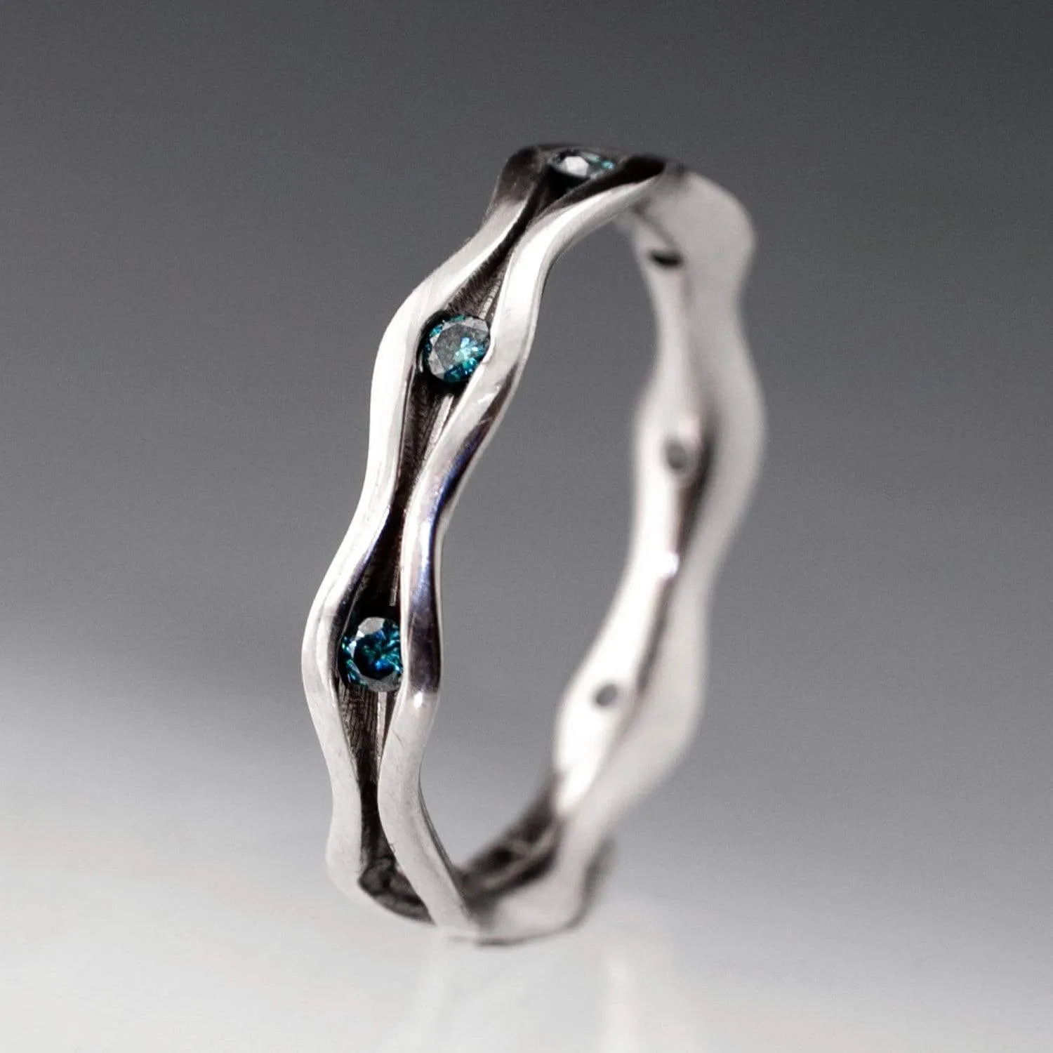 Wave Teal Blue Diamond Eternity Wedding Ring