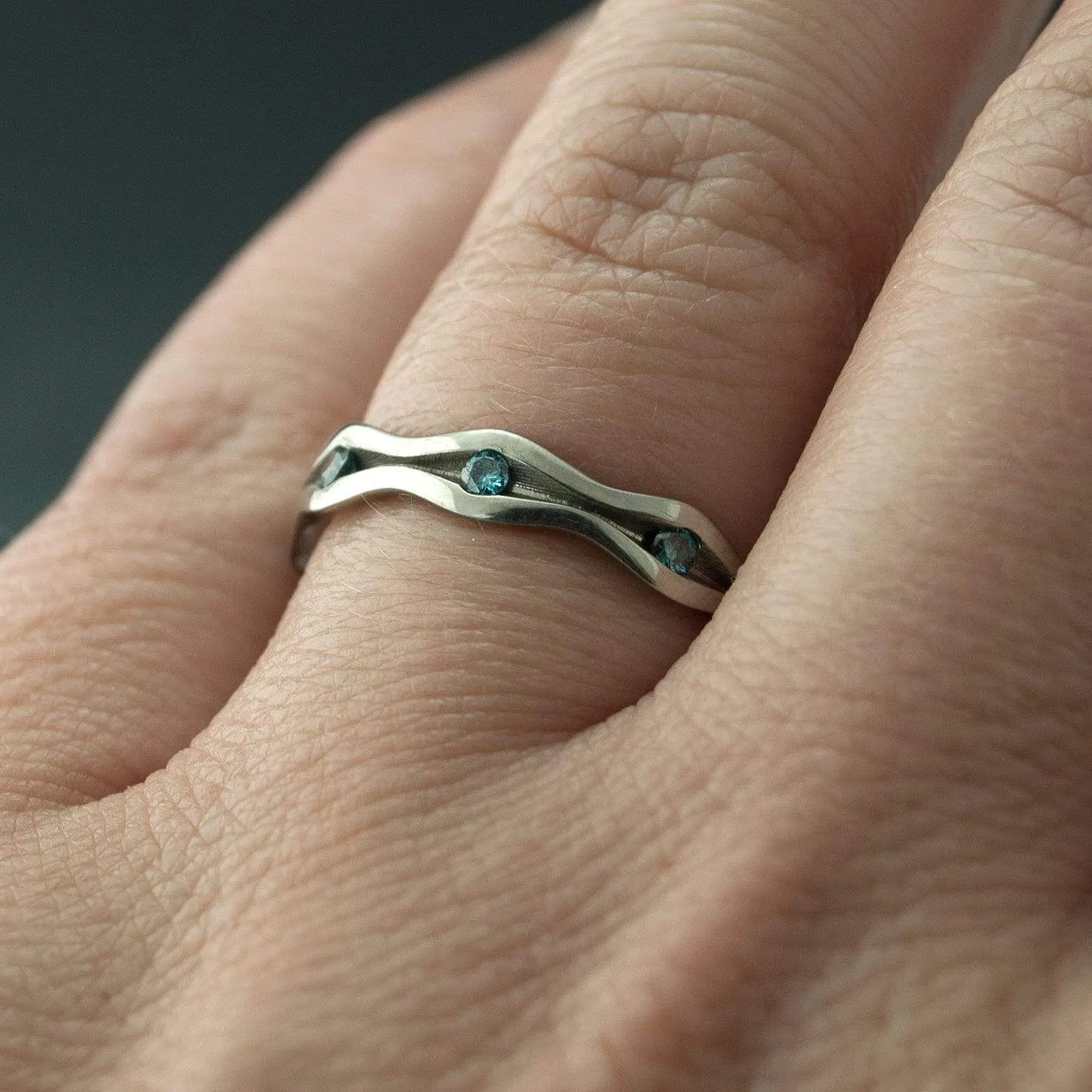 Wave Teal Blue Diamond Eternity Wedding Ring