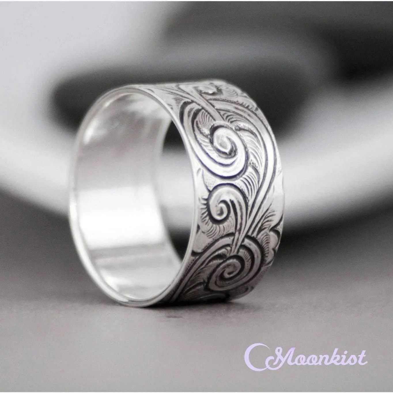 Wide Silver Vintage Pattern Wedding Ring | Moonkist Designs